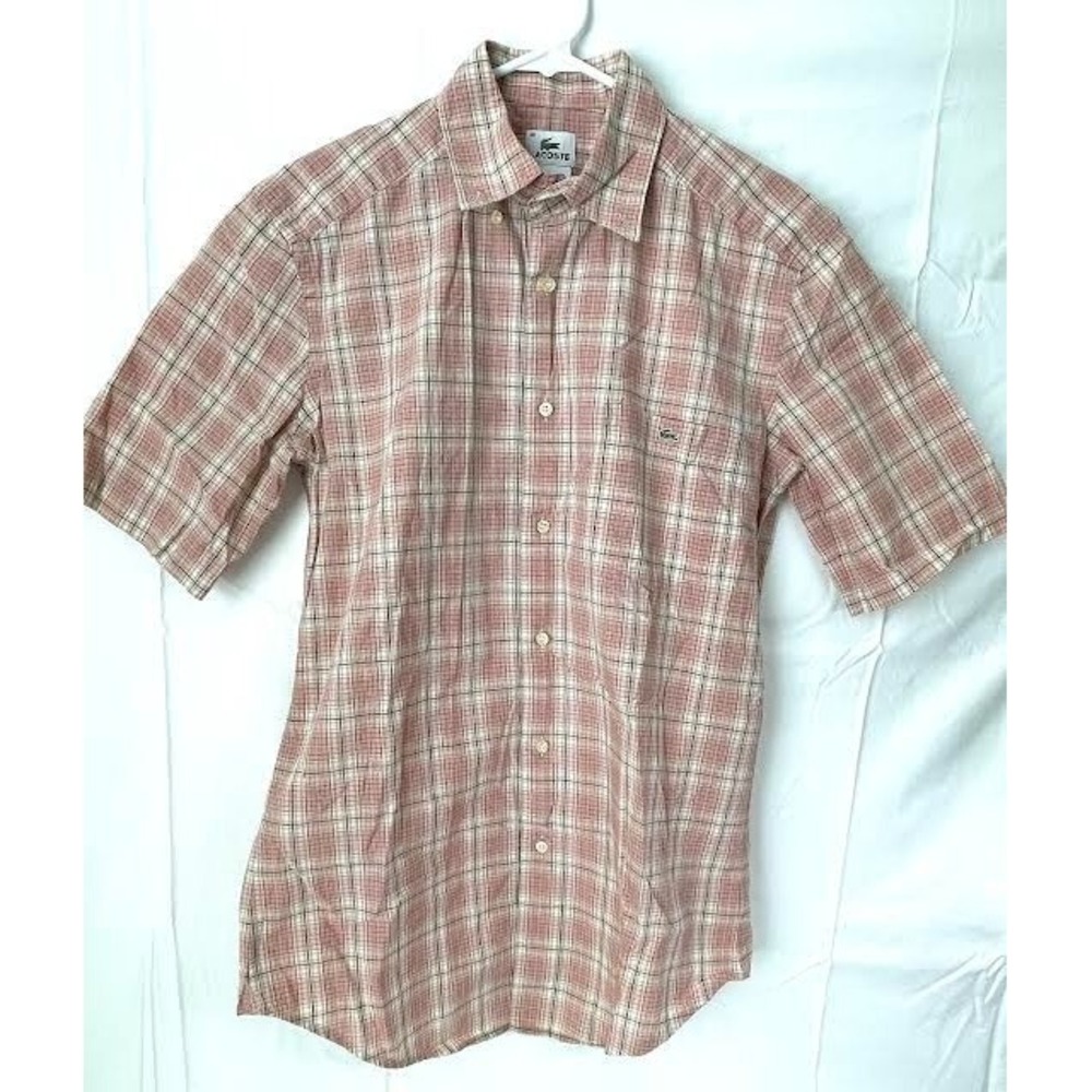 Lacoste Shirt Men's Medium 38 Salmon Plaid Button Up Short Sleeve